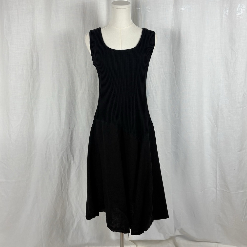 Fenini Linen Midi Dress Ribbed Bodice Black Quiet Luxury Boho Lagenlook Sz M
